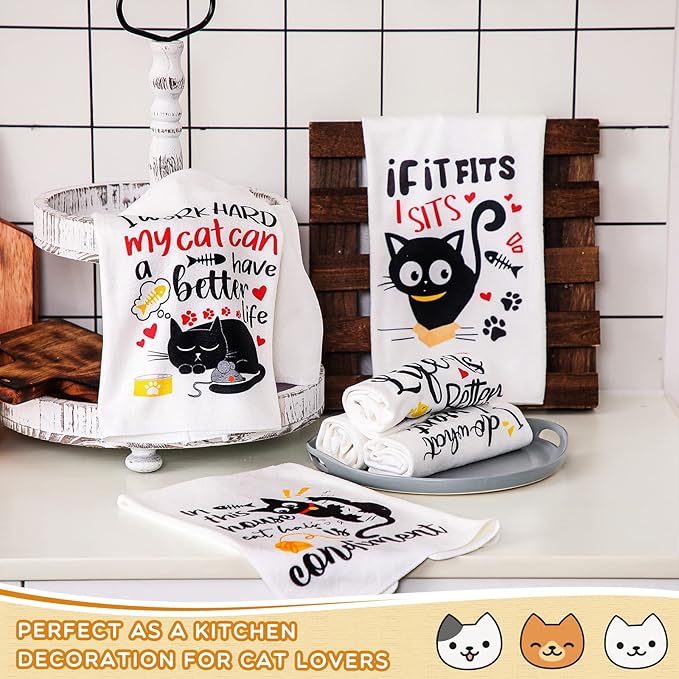 6 Pcs Cat Kitchen Dish Towels with Sayings, Cute Hand Towels for Cat Lover Halloween Housewarming Gifts
