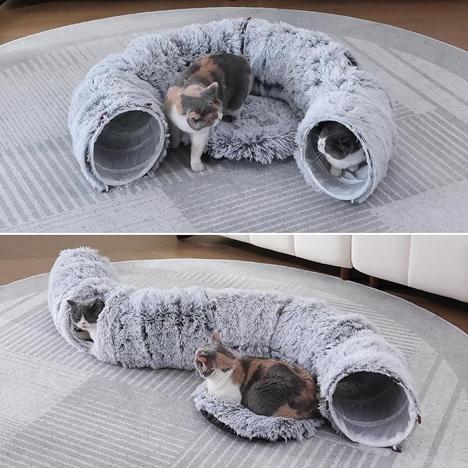 Plush Cat Tunnel Bed for Indoor Cats with Soft Cushion, Multi-Shape Play Cave with Hanging Balls, Large and Foldable Cat Donut Tunnel for Small and Large Pets (Grey)