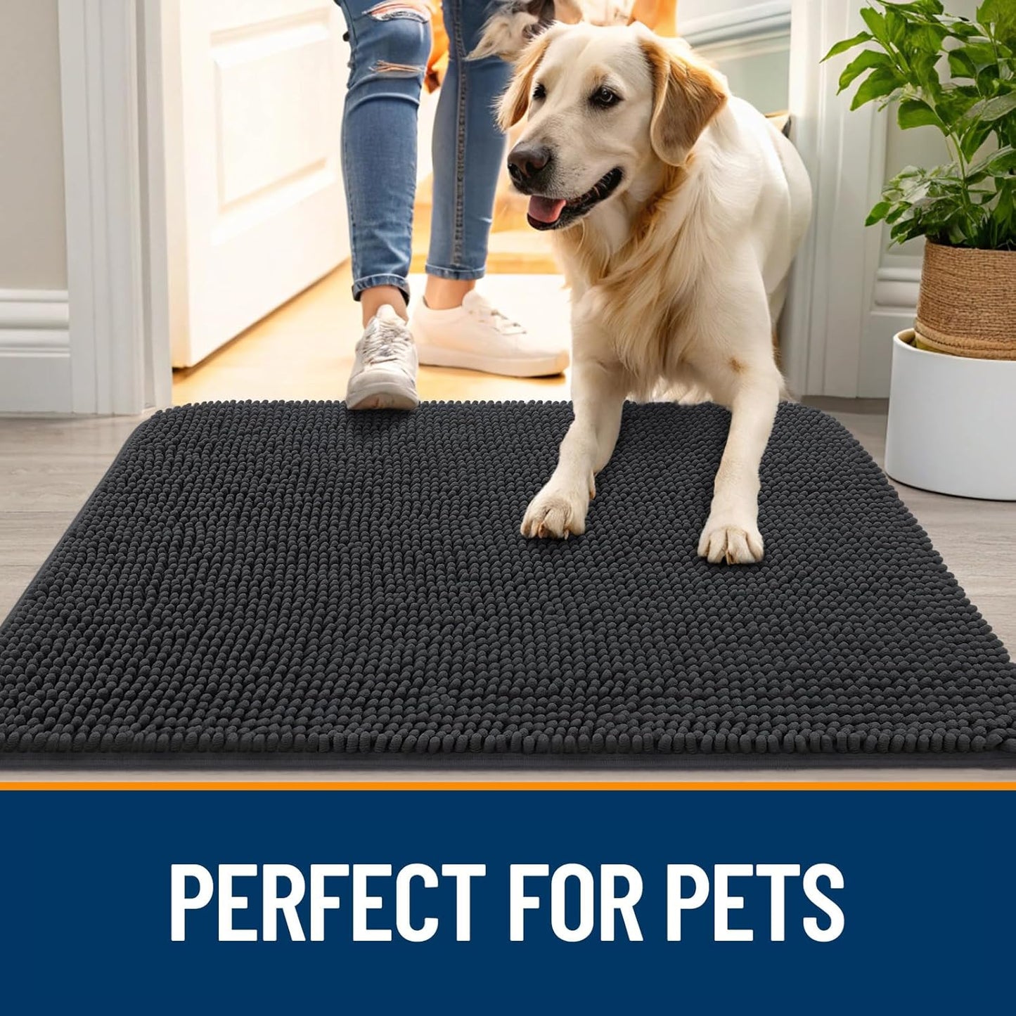 OLANLY Dog Door Mat for Muddy Paws 36x24, Absorbs Moisture and Dirt, Absorbent Non-Slip Washable Doormat, Quick Dry Chenille Mud Mat for Dogs, Entry Indoor Entryway Carpet for Inside Floor, Dark Grey