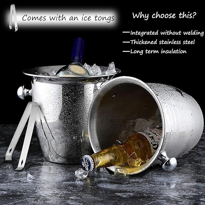 Ice Bucket with Ice Tongs - 5L Ice Bucket for Party Stainless Steel Wine cooler Drink Tub Cooler for Partiy Champagne Ice Bucket with Handle for Family Bar Ktv Outdoor & Indoor Silvery