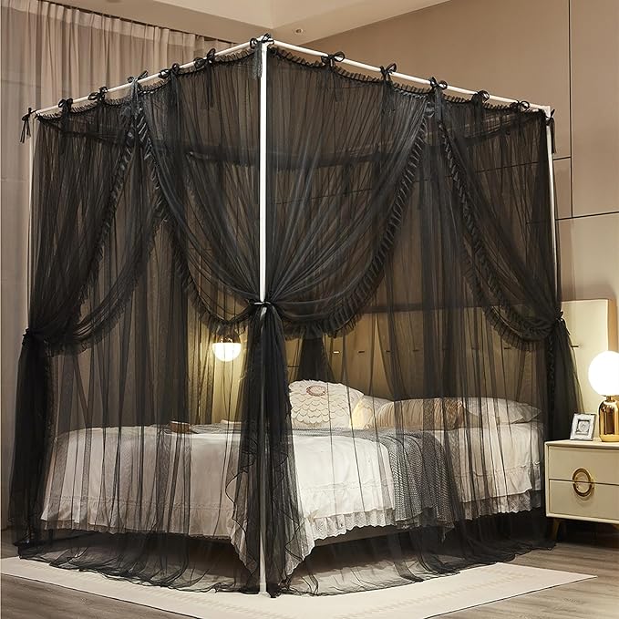 4 Corners Post Princess Curtain Bed Canopy Lace Up Double Layer 4 Opening Mosquito Net Mesh for Girls Bedroom Decoration(Black, 64" W*82" L*82" H/Queen)