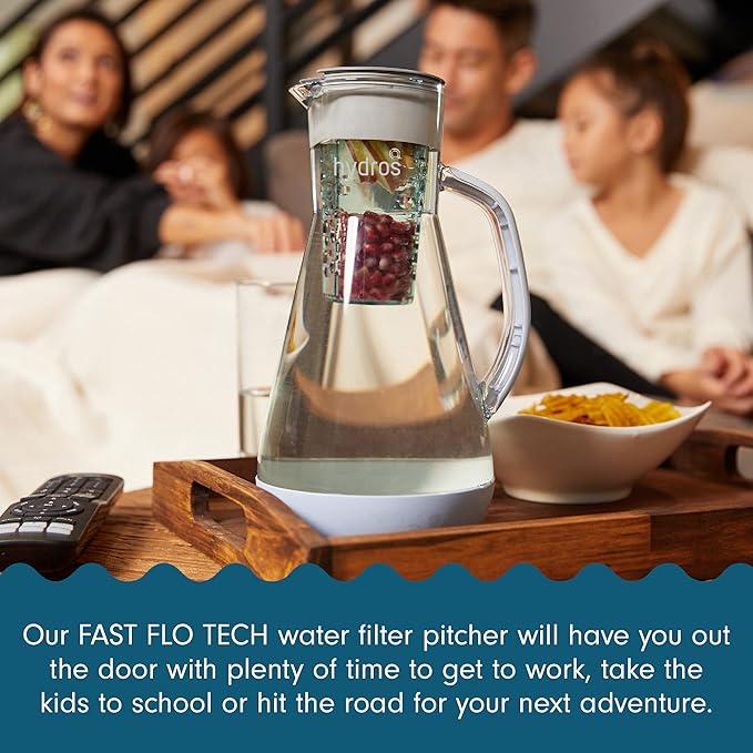 Hydros 64 Ounce Water Filter Pitcher with Patented Fast Flo Tech, 60 Second Quick Fill-Up and BPA-Free Recyclable Filter, Eight Cup Capacity, Red