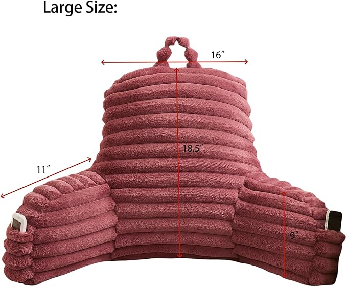 WERDIM Reading Pillow for Sitting in Bed, Faux Fur Back Pillow for Bed Rest, Bed Chair Pillow with Arms and Pockets(Large, Dusty Rose)