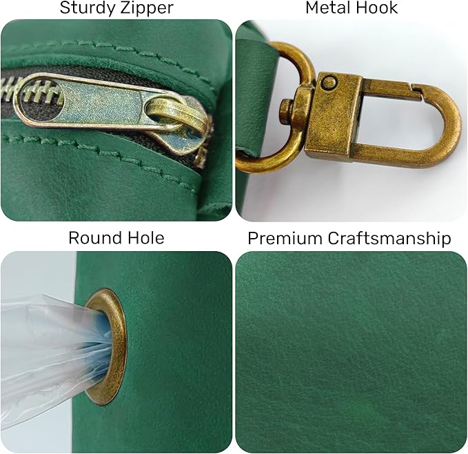 HIFA Genuine Leather Dog Leash Poop Bag Holder - Soft Touch Rustic Leather, Metal Clips, Easy Access to Pet Waste Bags - Dog Poop Dispenser for Outdoor Walking