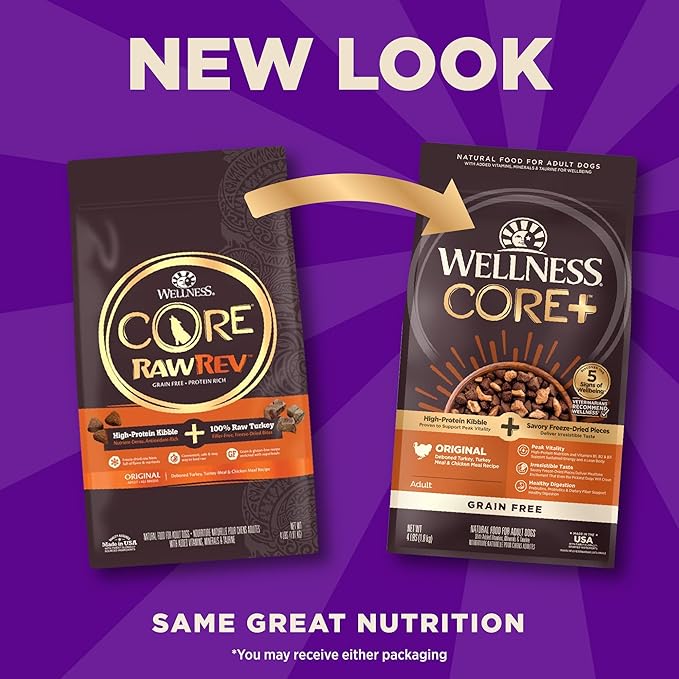 Wellness CORE+ Dry Dog Food with Freeze Dried Pieces, Grain Free, High Protein, Natural, Original Turkey & Chicken Recipe, (4-Pound Bag)