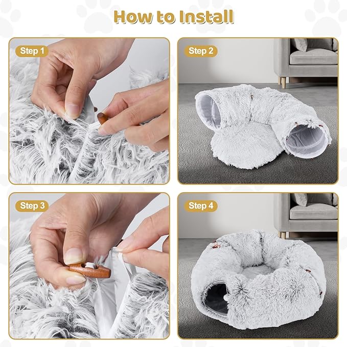 Odoland Cat Tunnel Bed with 20 Cat Toys - Indoor Plush Kitten Couch,Detachable Cats Cave Donut Tunnel & Soft Kitten Toy Set-Cozy Cat Furniture Grey