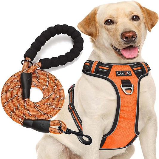 No Pull Dog Harness Adjustable Reflective Oxford Easy Control Medium Large Dog Harness with A Free Heavy Duty 5ft Dog Leash (M (Neck: 15.5"-19", Chest: 22"-25"), Orange Harness+Leash)
