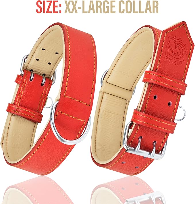 Riparo Red Leather Dog Collar - Heavy Duty Wide Dog Collar for Small, Medium, Large and Extra Large Dogs with Dog Tag Holder (XXL: 2” Wide for 26”-29” Neck, Red)
