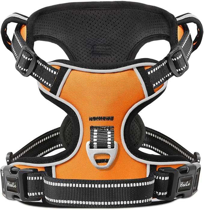 HEELE Dog Harness, No Pull Adjustable Padded Reflective Harness for Small Medium Large Dogs with Handle for Walking Training, Orange, L
