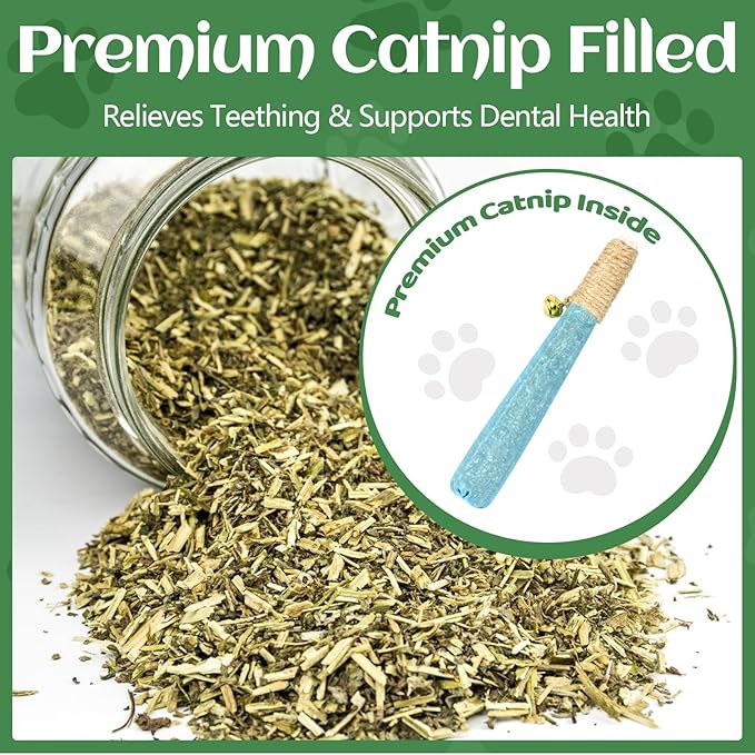 4 Pack Hand-Rolled Catnip Sticks with Chew Rope & Bell -Shaped Cat Toys for Indoor Cats and Kicker Toys, Teething Chew and Play Fun (Blue)