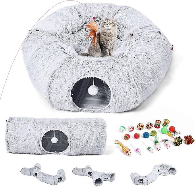 Odoland Cat Tunnels Bed with 1 Straight Tunnel and 20 Pet Toys - 5 Shapes DIY Indoor Cats Cave - Detachable Soft Cat Donut Tunnelset for Kitten Puppy Rabbit Ferret