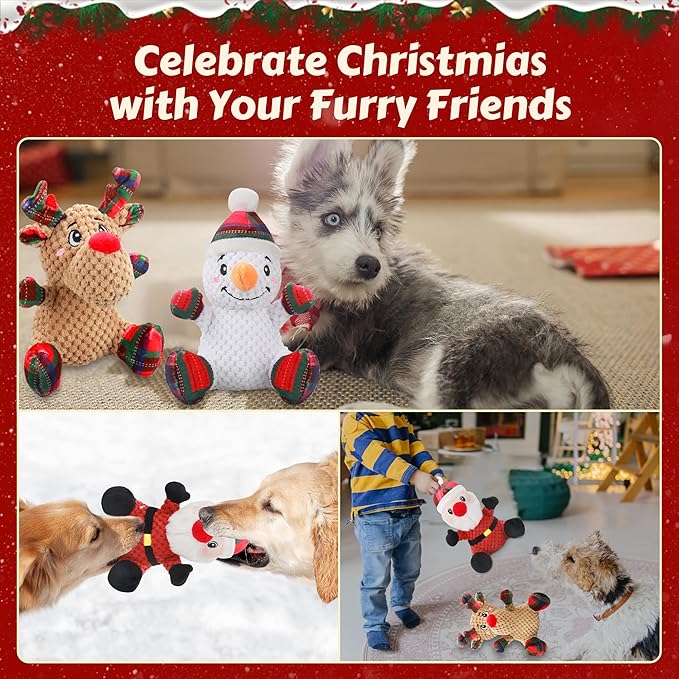 Squeaky Dog Toys, 3 Pack Dog Chew Toys with Crinkle Paper for Puppy, Small, Medium, Large Dogs, Interactive Pet Holiday Toys for Training and Reducing Boredom