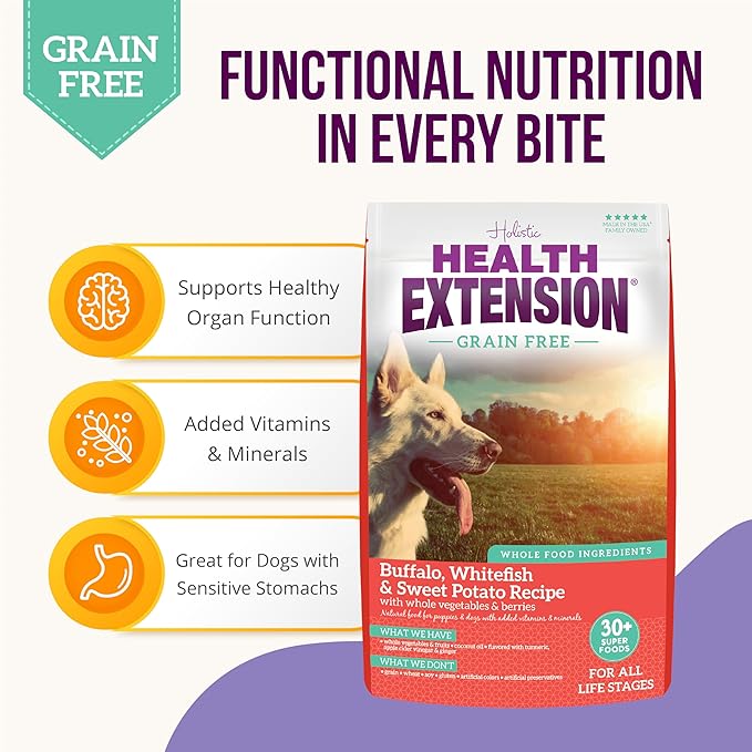 Health Extension Grain Free Buffalo & Whitefish Dry Dog Food (10 lb / 4.54 kg) - Whole Foods Ingredients Formula with Omega 3 & Antioxidants for All Life Stages Dogs