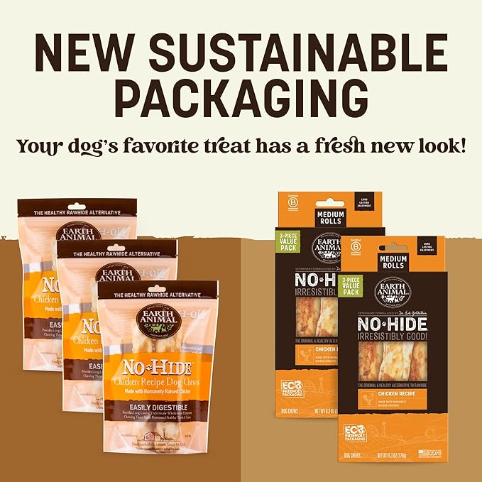 Earth Animal No Hide Medium Chicken Flavored Natural Rawhide Free Dog Chews Long Lasting Chew Sticks | Treats for Large Dogs | Great for Aggressive Chewers - 6 Count