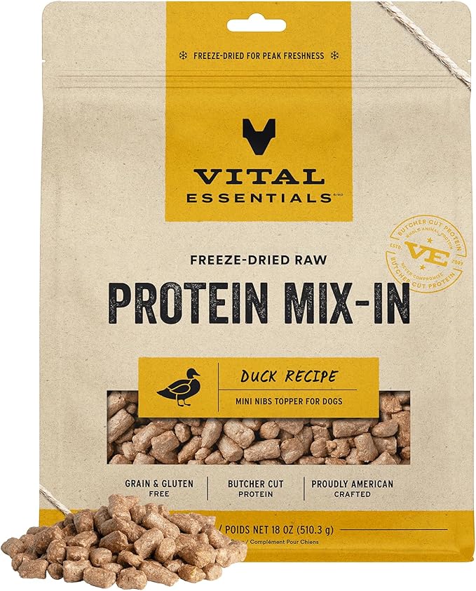 Vital Essentials Freeze Dried Raw Protein Mix-in Dog Food Topper, Duck Mini Nibs Topper for Dogs, 18 oz