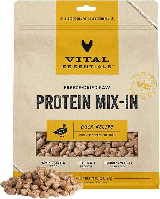 Vital Essentials Freeze Dried Raw Protein Mix-in Dog Food Topper, Duck Mini Nibs Topper for Dogs, 18 oz
