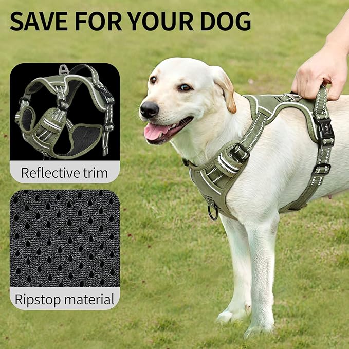 HEELE Dog Harness, Dog Harness for Small Medium Large Dogs No Pull Adjustable Padded Reflective Harness with Handle for Walking Training, Green, L