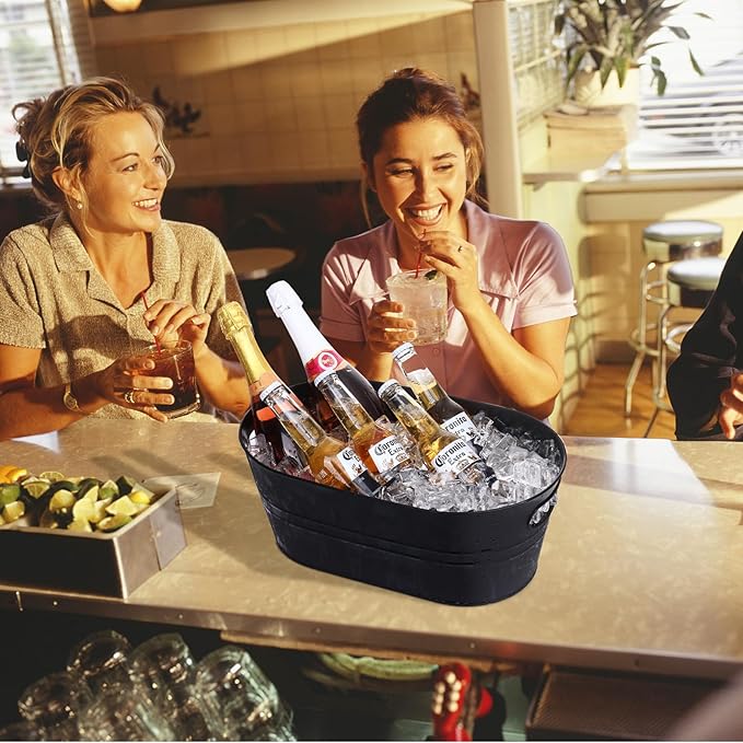 Ice Buckets for Parties 2 Pcs 3 Gallon Galvanized Beverage Metal Tub Champagne Drink Wine Black Large Ice Bucket with Scoops for Cocktail Mimosa Bar Supplies