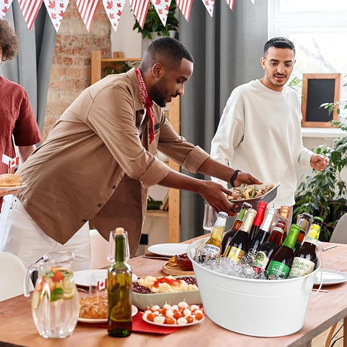 Ice Bucket, Oval Beverage Tub, Galvanized Bucket and drink Cooler for Parties, Ice Tub with Handles for Beer Sparkling Whisky Wine Cocktails (3.5gal) (White)
