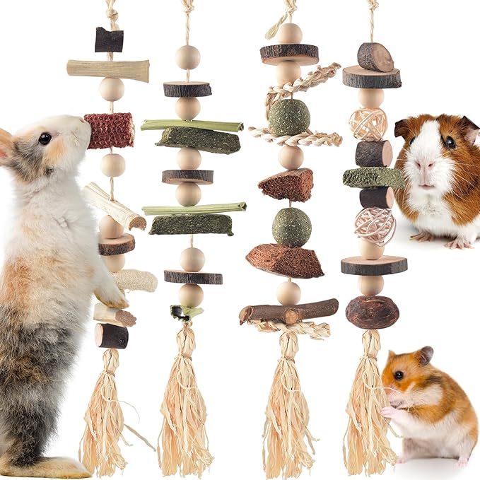 4 Pcs Bunny Chew Toys for Teeth, Hanging Rabbit Chewing Toy Treats with Timothy Grass & Natural Apple Wood, Improve Small Rodent Dental Health for Guinea Pig Hamster Chinchilla Rat Gerbil