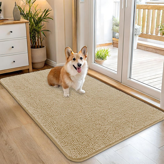OLANLY Dog Door Mat for Muddy Paws 45x27, Absorbs Moisture and Dirt, Absorbent Non-Slip Washable Doormat, Quick Dry Chenille Mud Mat for Dogs, Entry Indoor Entryway Carpet for Inside Floor, Beige