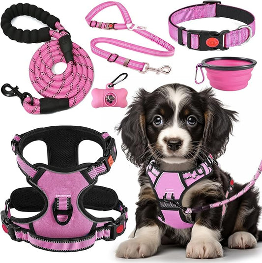 No Pull Dog Harness, Collar & Leash Set | Includes Dog Seat Belt, Collapsible Bowls & Poop Bag Dispenser. Ideal for Training, Walking, Hiking. Fits Small to Large Dogs(Pink-S)