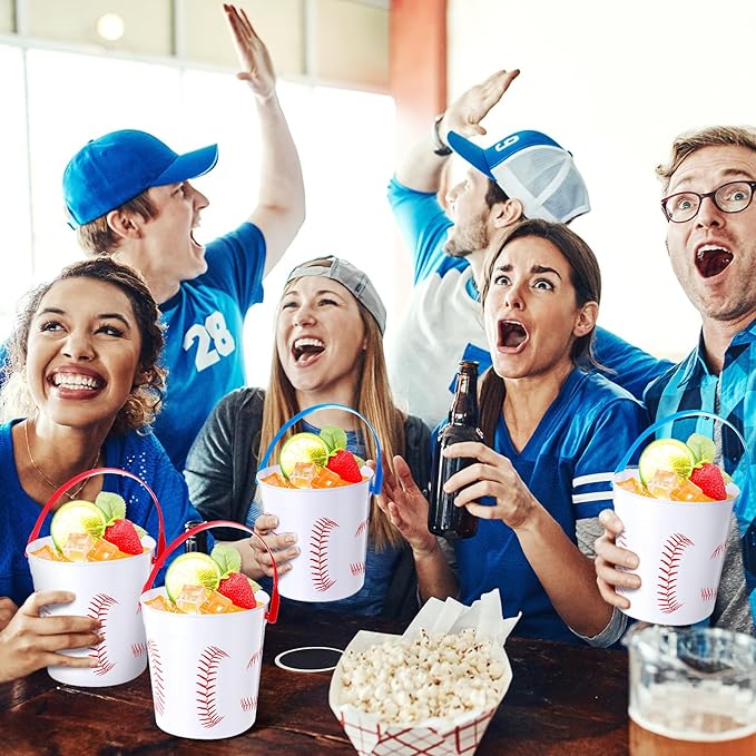 Mifoci Baseball Small Plastic Bucket with Handles 34 oz Versatile Baseball Treat Bucket Baseball Ice Bucket Bulk for Wine Beverage Baseball Party Bar Alcohol Beer Snack Drink Pail Gifts(10 Pcs)