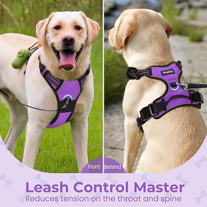 Funfox Dog Harness No Pull, Adjustable Pet Vest Harness Purple XL with Handle, 2 Leash Clips for Daily Walking Easy Control, Soft Durable Reflective Comfortable for X-Large Breed Dogs