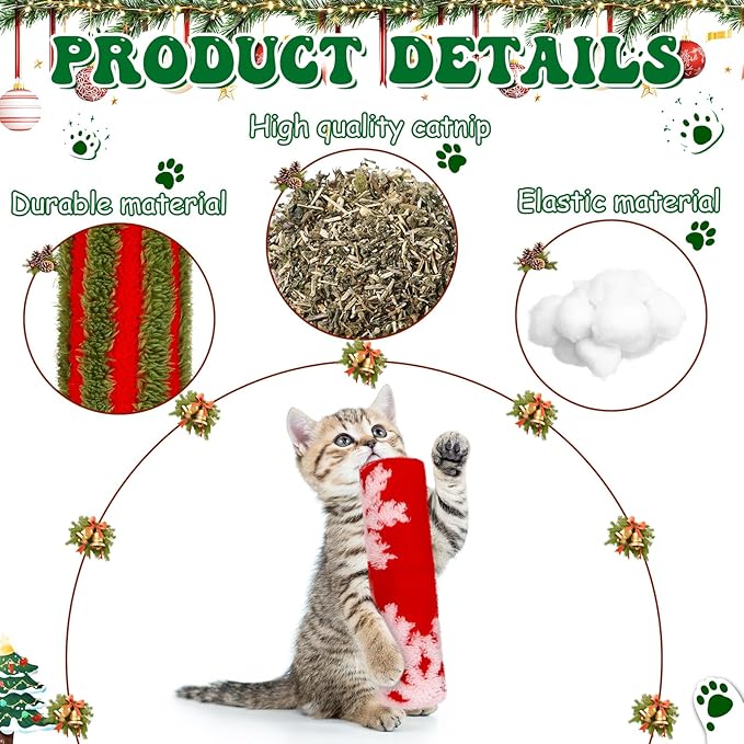 Civaner 6 Pcs 10.6 Inch Christmas Cat Catnip Toy Interactive Kitten Kicker Toy Soft Plush Cat Pillow Stick Kitten Chasing Exercising Chewing Catnip Indoor Xmas Gift (Red, Green, Red Green Stripes)