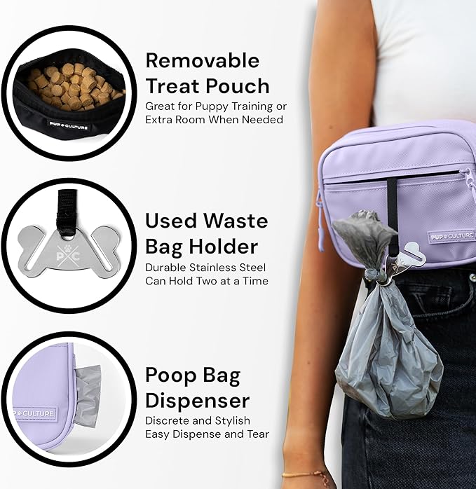 Pup Culture Cross Body Dog Training Treat Pouch | Removable Pouch With Built-in Poop Bag Dispenser & Used Bag Holder | Stylish Puppy Training Accessory - Lavender
