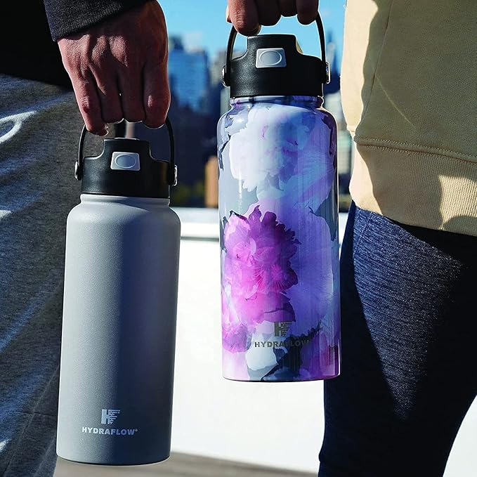 Hydraflow Hybrid - Triple Wall Vacuum Insulated Water Bottle with Flip Straw (25oz, Powder White) Stainless Steel Metal Thermos, Reusable Leak Proof BPA-FREE for Sports and Travel