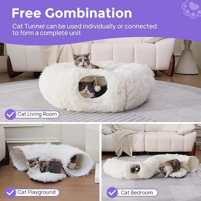 Plush Cat Tunnel Bed for Indoor Cats with Soft Cushion, Multi-Shape Play Cave with Hanging Balls, Large and Foldable Cat Donut Tunnel for Small and Large Pets (White)