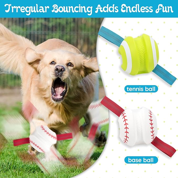 Dog Balls with Straps for Tugging 2 Pcs, Interactive Dog Toys, Puppy Toys to Keep Them Busy, High Bouncy Balls for Dogs, Tennis Ball Base Ball Toys