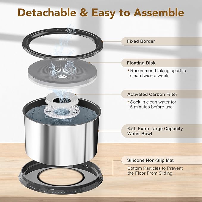 UPSKY 6.5L Super Large Capacity No Spill Dog Water Bowl - 1.6 Gallon Stainless Steel Spill Proof Slow Feeder With Anti-Slip Mat for Messy Drinkers - Black