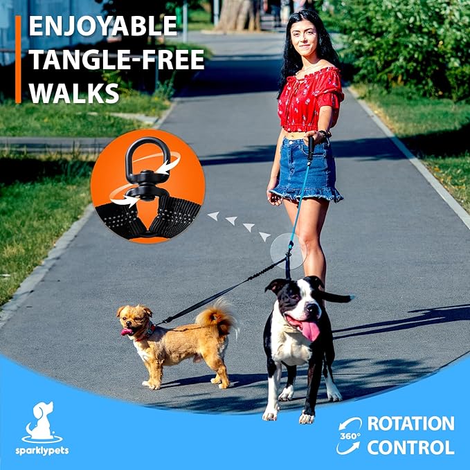 SparklyPets Dual Dog Leash for 2 Small Dogs – Tangle Free Rope Bungee Double Leash for Two Breeds with Adjustable Couplers & Soft Handle (Black, Small)