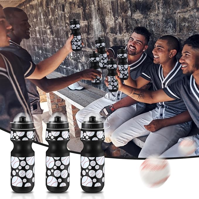 24 Pcs 24 oz Baseball Water Bottle Bulk and Drawstring Bag Set 12 Reusable Plastic Biking Water Bottle Tumbler 12 Sport Gym Goodie Gift Bag for Party Favor (Black)