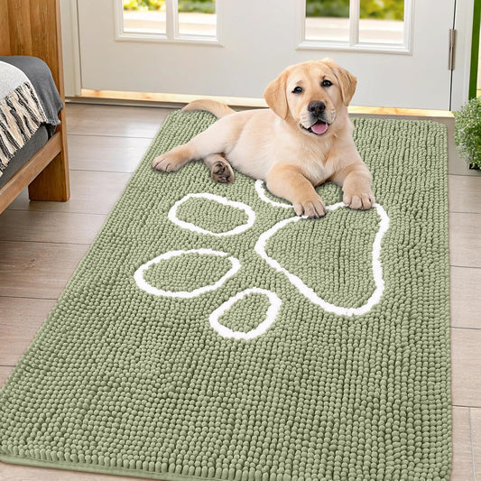 Smiry Dog Door Mat for Muddy Paws, Absorbent Dirt Trapper Non Slip Quick Dry Washable Chenille Mat for Mud Dogs, Entry Rug for Indoor and Outdoor (47x32 Inches, Sage Green)