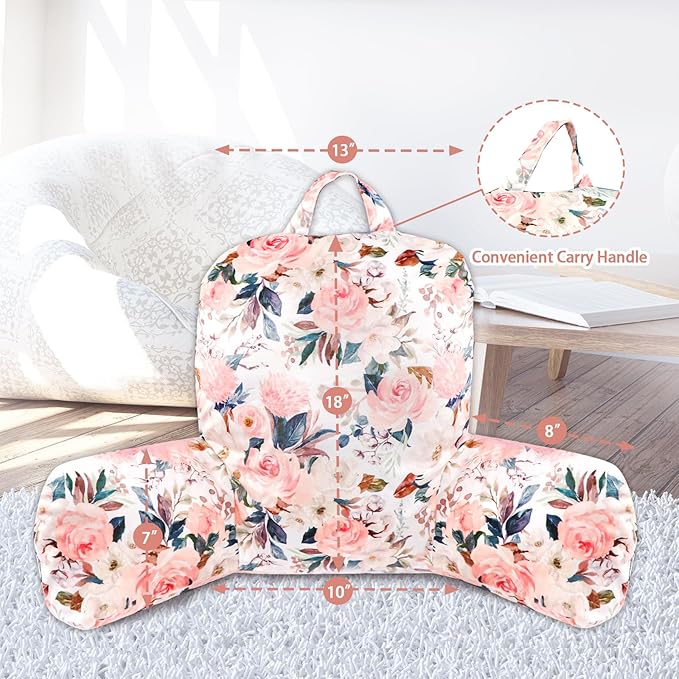 DILIMI Kid Reading Pillow, Back Support Pillow for Sitting in Bed, Soft Plush Bed Chair Sofa Pillow with Arms, Comfortable Rest Pillow for Kids & Teens, Pink Floral