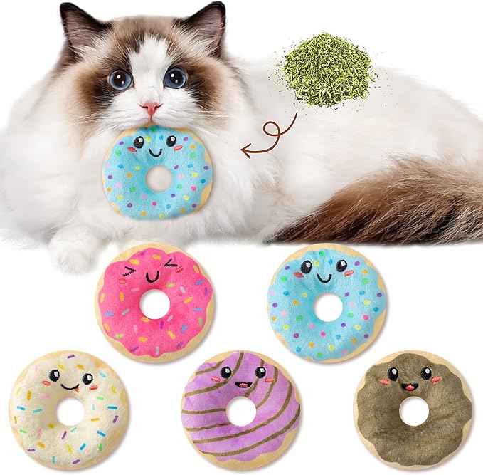 L1rabe Fall Donut Catnip Stuffed Toys - 5Pcs Funny Dessert Cat Toys Black Cat Appreciation Day Pet Supplies, Indoor Cats Chew Bite Teething Tools Kittens Catmint Birthday Gifts Interactive Supplies