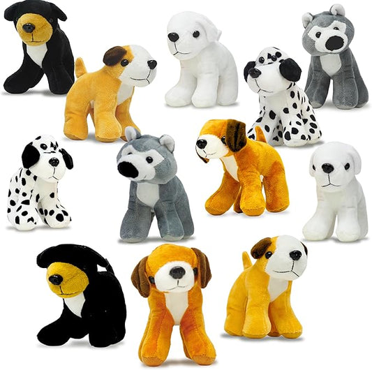 4E's Novelty Plush Dogs Animals (12 Pack) Assorted Stuffed Puppies - 5 Inches, Small Plushed Animals, 6 Designs - for Birthday Party Favors Gifts for Kids