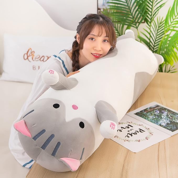 Cat Soft Plush Pillow Cute Cat Body Pillow, Long Stuffed Cat Plush Cat Stuffed Animal Toy Kitten Long Throw Pillow Gift for Kids Girlfriend(130cm, Grey)