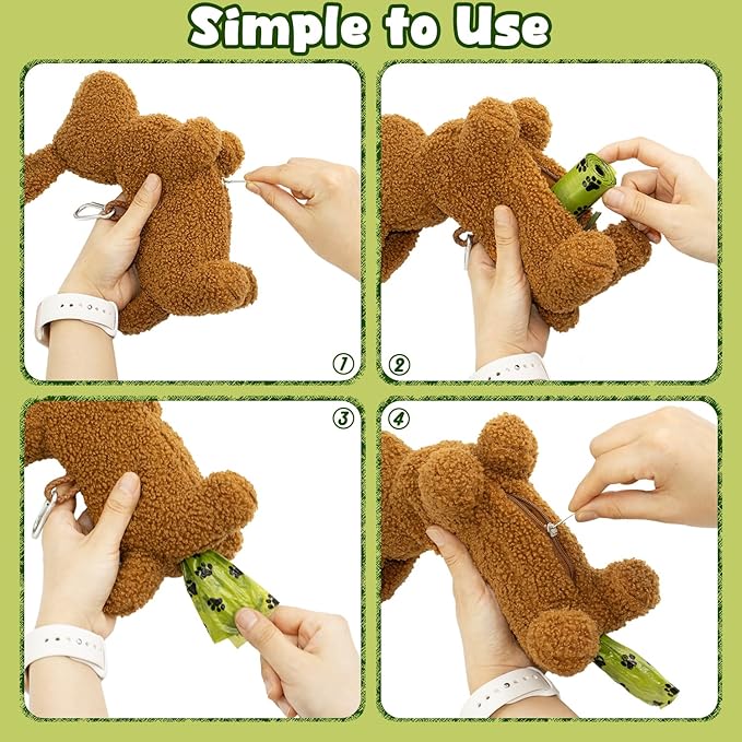 Dog Poop Bag Holder Zippered Pouch- Soft Fabric Waste Bag Dispenser with Metal Clip and 135 (9 Rolls) of Trash Bags for Walking Dog and Cats Litter- Leak Proof