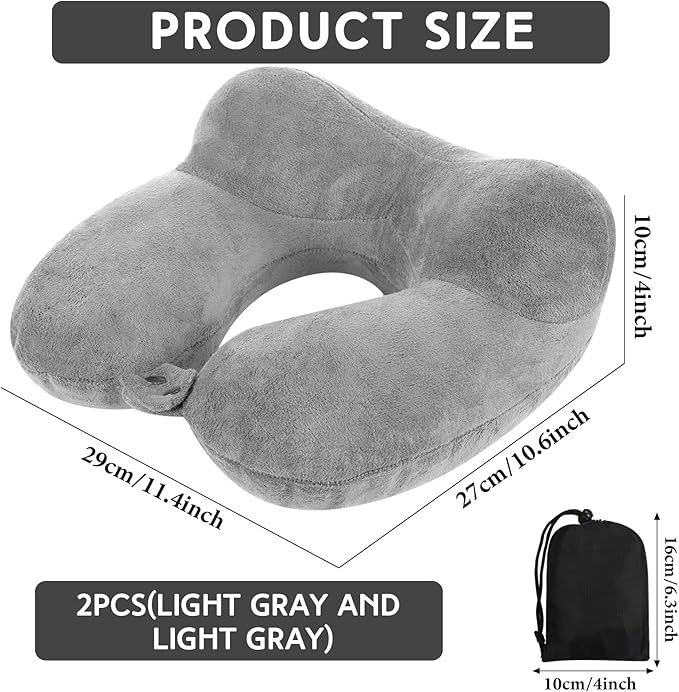 Sintuff 2 Pack Inflatable Travel Pillow for Airplanes Inflatable Neck Pillows with Compact Bag and Blindfold Soft Flight Pillow for Traveling, Airplane, Train, Car, Office(Gray)