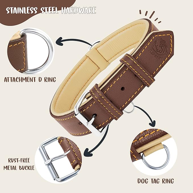 Riparo Brown Leather Dog Collar - Heavy Duty Wide Dog Collar for Small, Medium, Large and Extra Large Dogs with Dog Tag Holder (XL: 1.75" Wide for 21”-25” Neck, Brown)