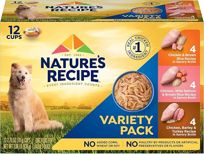 Nature’s Recipe Chicken, Salmon and Turkey Recipes Variety Pack Wet Dog Food, 12-2.75 oz. Cups, 2 Count