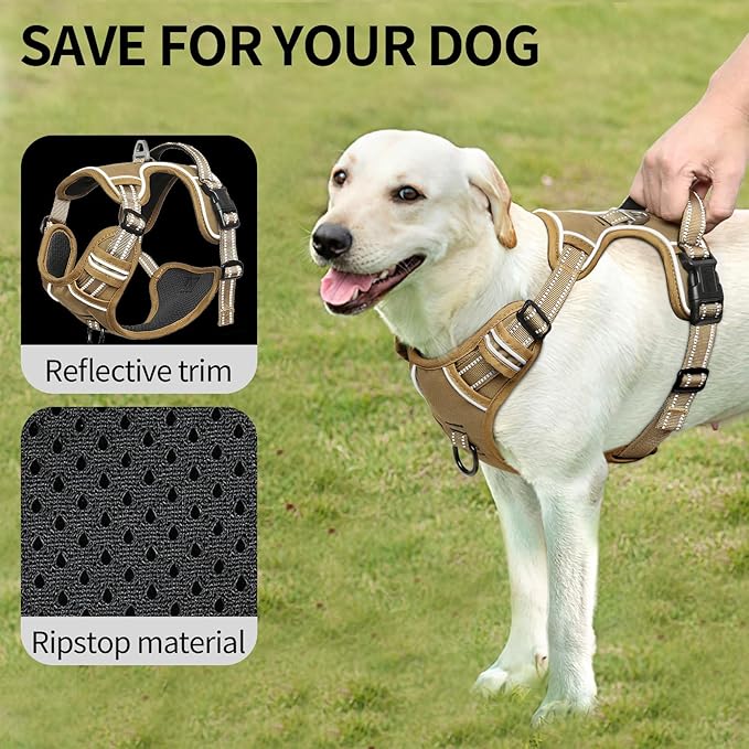 HEELE Dog Harness, Dog Harness for Small Medium Large Dogs No Pull Adjustable Padded Reflective Harness with Handle for Walking Training, Brown, M