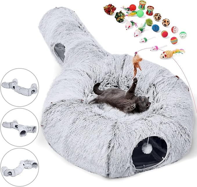 Odoland Cat Tunnels Bed with 1 Straight Tunnel and 20 Pet Toys - 5 Shapes DIY Indoor Cats Cave - Detachable Soft Cat Donut Tunnelset for Kitten Puppy Rabbit Ferret