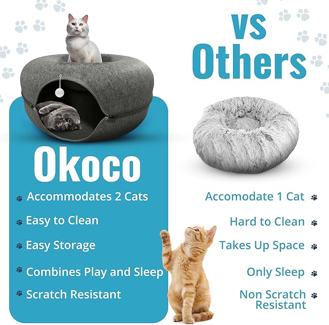 Okoco Cat Tunnel Bed for Indoor Cats Large, 24" Peekaboo Cat Cave Donut Bed for Pets up to 45lbs, 2-in-1 Round Tube with Hanging Ball Toy & Removable Machine Washable Parts (Dark Gray)
