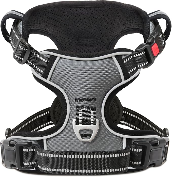Timos Dog Harness Large Sized, No Pull with Neck Lockable Snap,No Choke Front Clip Dog Reflective Harness,Adjustable Metal Rings 3 Buckles,Easy Control Handle for Large Dogs Gray XL