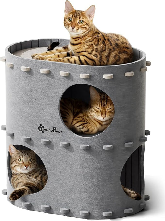 DownyPaws Cat House for Indoor Cats, 2-Storey Foldable Cat Bed Cave, Felt Cats Tunnel Bed Condo, Castle Kitten Cube Hideaway for Multicats, Scratch Resistant, Light Gray